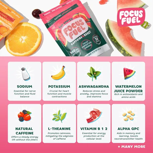 Vista 4 de FocusFuel Energy Chews - Sabor a sandía (15 porciones) - 100 mg de cafeína + L-teanina + B12, magnesio - Impulso de energía totalmente natural - Sin