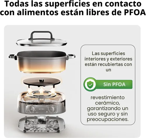 Vista 9 de Sartén eléctrica de 6 cuartos con parrilla Olla antiadherente con revestimiento cerámico libre de PFOA, 1600W, temporizador y 3 configuraciones