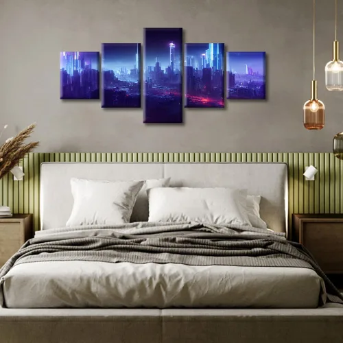 Vista 180 de Cuadros de 5 paneles de Cyberpunk City, arte de pared, representación de vallas publicitarias, edificios modernos en la capital con obras de arte
