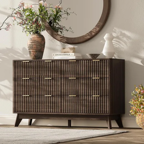 Vista 17 de Cómoda acanalada con 9 cajones de 63 pulgadas de ancho para dormitorio, borde curvado, roble Wooden Closet Organizer for Bedroom,Fluted Dresser with
