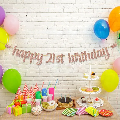 Vista 4 de Cartel de feliz cumpleaños 21, suministros de decoración de fiesta de cumpleaños de 21 años de Byebye, cartel colgante de fiesta de felicitación a