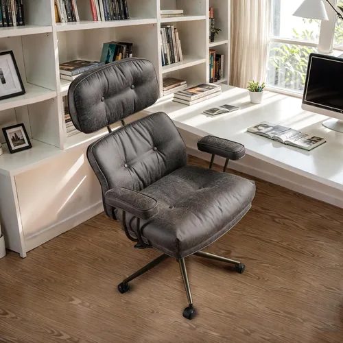 Vista 18 de Silla de oficina Mid Century Modren, silla ejecutiva giratoria con soporte lumbar, silla de escritorio ergonómica de respaldo medio con ruedas Beige