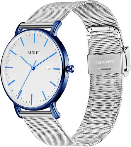Vista 2 de BUREI - Reloj de pulsera analógico para hombre con fecha, extensible de malla de acero inoxidable