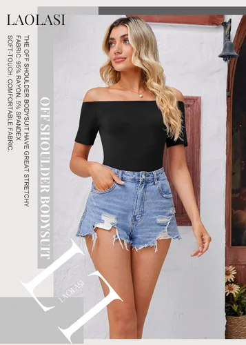 Vista 4 de LAOALSI - Body de manga corta para mujer, con hombros descubiertos, ajustado, informal, básico, camiseta