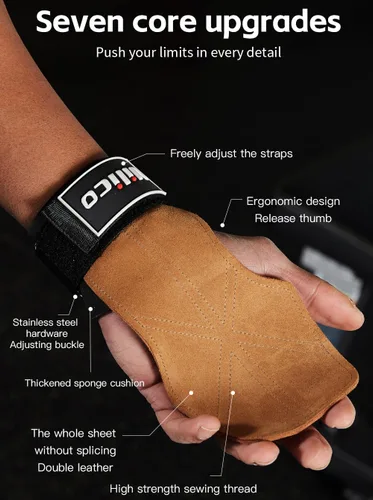 Vista 6 de Guantes de cuero para levantamiento de pesas, correas de muñeca para levantamiento de pesas, correas de levantamiento de pesas ajustables, agarre