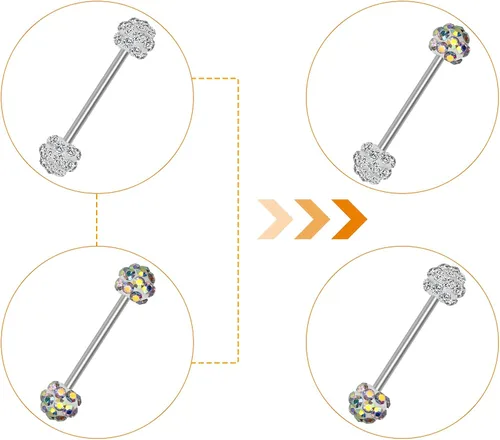 Vista 4 de CrazyPiercing 10 anillos de lengua CZ 16G con barra de acero inoxidable recta 0551in de longitud