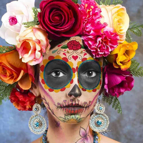 Vista 3 de Kit de maquillaje de tatuajes faciales del Día de los Muertos, paquete de 10 tatuajes temporales para Halloween, calavera de azúcar, rosas rojas