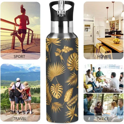 Vista 5 de Tropical Leaves - Botella de agua de acero inoxidable de 32 onzas, sin BPA, botella de agua deportiva a prueba de fugas