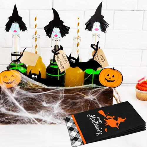 Vista 5 de 100 servilletas de papel de Halloween con diseño de bruja de Halloween, servilletas de cóctel desechables, servilletas de cóctel para cena, toalla