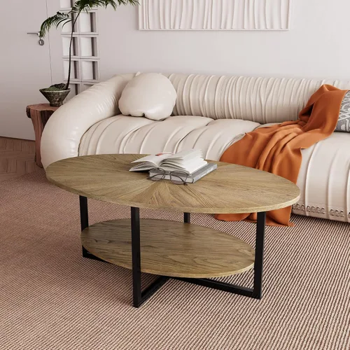 Vista 10 de LEEMTORIG Mesa de centro ovalada de madera maciza para sala de estar, mesa central industrial moderna de 43.3 pulgadas con estante de almacenamiento