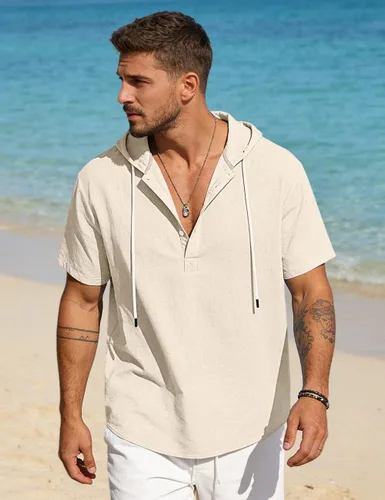 Vista 3 de Sudaderas con capucha de algodón y lino para hombre, camisa de manga corta con botones, camisa de verano hawaiana con cordón