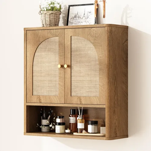 Vista 11 de RUSTOWN Mueble de pared de baño de ratán con 2 puertas arqueadas y estante Blanco rústico