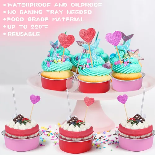 Vista 9 de El juego de 300 moldes para tartas de corazón incluye 3.4 onzas de aluminio desechable de San Valentín, molde para hornear postres, cuchara de Rojo