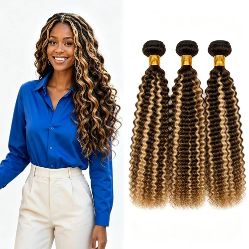 Vista 210 de P4613 Cabello humano rizado onda profunda marrón y paquetes mixtos 8 10 12 P4613 Ombre Marrón-Rubio-DP