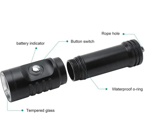 Vista 4 de Linterna de buceo de 10000 lúmenes, luz de buceo IPX8, impermeable, recargable, 3 modos, linterna submarina, linterna LED submarina profesional