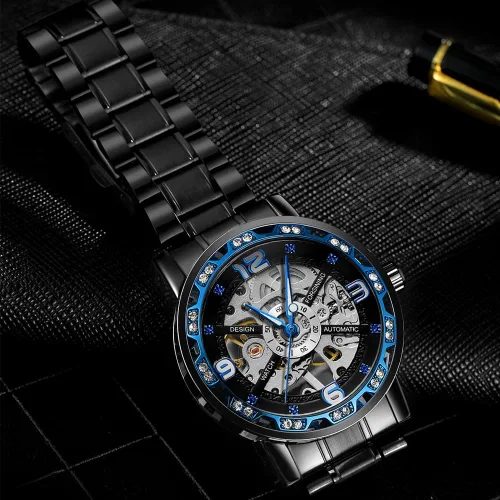 Vista 7 de Reloj de pulsera de esqueleto mecánico masculino de lujo con diseño real de diamantes de moda transparente