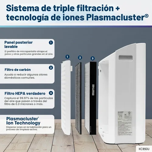 Vista 6 de Sharp KC-850U, purificador de aire Plasmacluster con función humidificadora