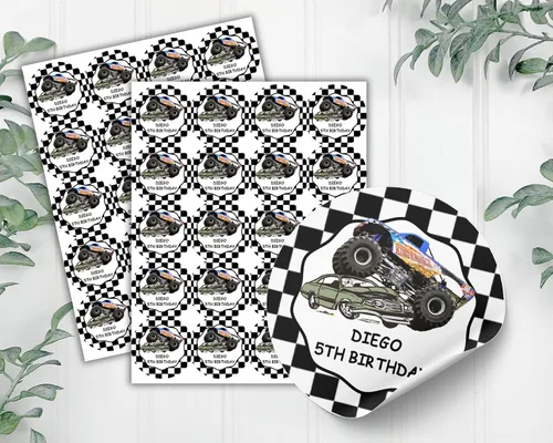 Vista 7 de Pegatinas personalizadas para fiesta de cumpleaños de Monster Truck, etiquetas, etiquetas