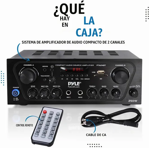 Vista 8 de Pyle - Amplificador de potencia de sonido doméstico para karaoke mejorado con entrada auxiliar, bluetooth, USB, 2 entrada de micrófono con eco