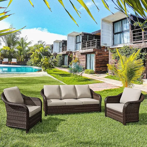 Vista 56 de Sofá de patio al aire libre de 2 plazas con mimbre de PE tejido a mano Beige