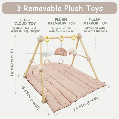 Vista 2 de Tapete de madera 4 en 1 para gimnasio y actividades para bebés, tapete de algodón suave para bebés de 0 años, con 3 juguetes desmontables