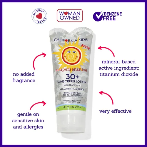 Vista 3 de California Kids Protector solar SPF 30 + Súper sensible (sin perfume) Protector solar mineral para niños Cara + cuerpo Dióxido de titanio