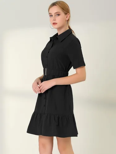 Vista 2 de Allegra K Vestido tipo camisa con botones para mujer, casual, con dobladillo recto, con volantes y cinturón