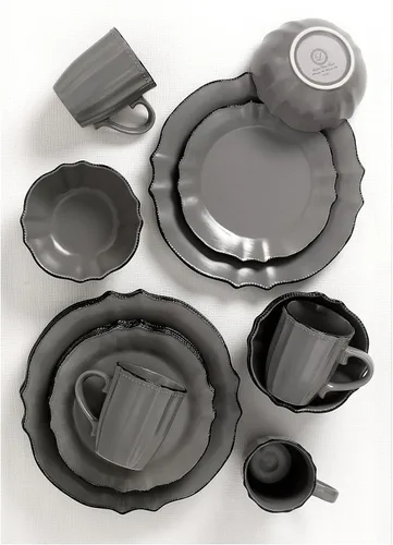 Vista 5 de Lorren Home Trends Vajilla gris pizarra con borde festoneado, 16 piezas, tamaño pequeño