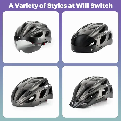 Vista 4 de ROCKBROS - Casco de bicicleta para hombres y mujeres adultos con ajuste sugerido de 58-65cm, gafas magnéticas desmontables y visera solar, ligero Ti