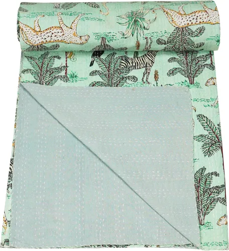 Vista 33 de Marubhumi Edredón tradicional indio de algodón puro con estampado de selva Kantha, funda de cama, colcha Kantha con estampado de animales, Negro