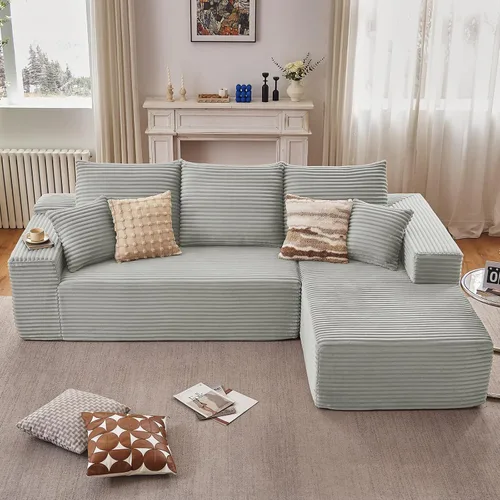 Vista 56 de Sofá modular de 96 pulgadas en forma de L, sofá modular de 3 asientos, sofá modular de pana de espuma viscoelástica sin hueso para sala de estar