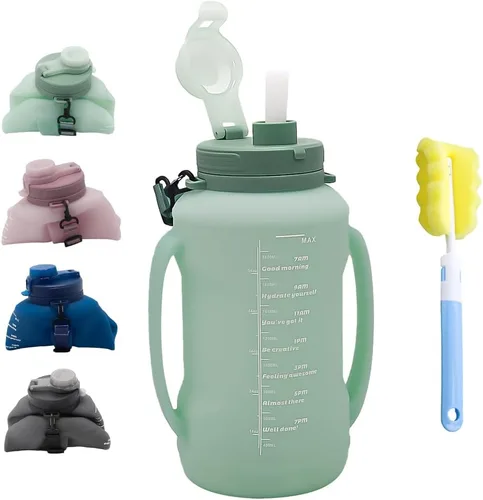 Vista 12 de Botella de agua plegable de silicona de 64 onzas con pajilla, sin BPA, botella de viaje plegable portátil para gimnasio, senderismo, campamento Negro