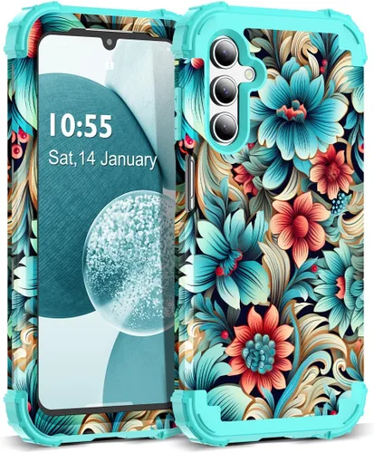 Vista 78 de Funda para Galaxy A14 5G Case, Patrón Floral 3 en 1 Protección Resistente de Servicio Pesado a Prueba de Golpes Parachoques de Goma de Silicona