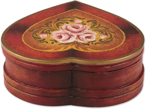 Vista 4 de NOVICA Joyero de madera en forma de corazón rojo y oro con rosas pintadas amor atemporal