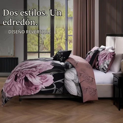 Vista 2 de Bebejan Midnight Meadow - Juego de edredón de 5 piezas, 100% satén de algodón, 220 hilos por pulgada, juego de edredón reversible negro, 1 edredón