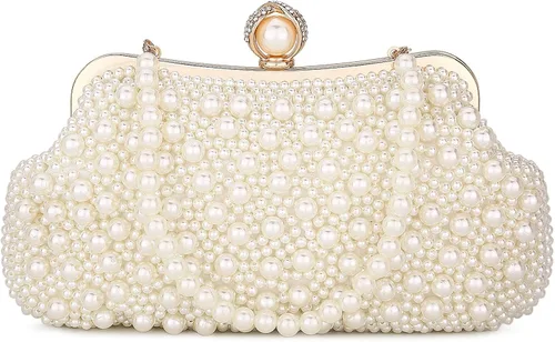 Vista 9 de UBORSE Bolso de mano de perlas para mujer, bolso de noche con cuentas de cristal noble para boda, con cadena de perlas
