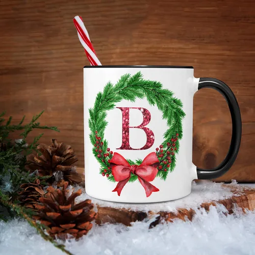Vista 5 de Taza de café de cerámica con inicial de corona de Navidad, 11 o 15 onzas