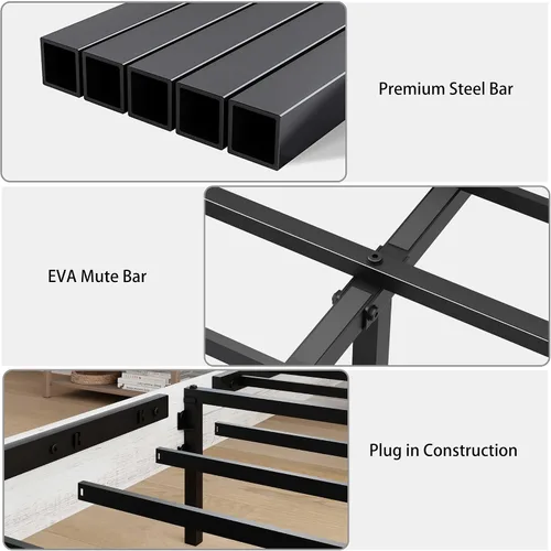Vista 5 de Base de cama de madera de pino con estante de cabecera de carga de luces, cama de plataforma de tamaño matrimonial, color blanco rústico y gris, sin