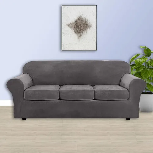 Vista 6 de Funda de sofá suave de terciopelo de alta elasticidad, 4 piezas lavable para sofá de 3 cojines separados, protector de muebles de tela de felpa