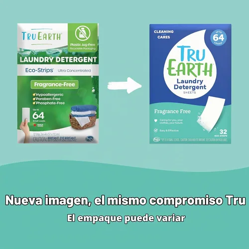 Vista 2 de Tru Earth Detergente seco compacto para ropa, sin perfume, hasta 64 cargas (32 hojas), detergente sin líquido, viajes. El embalaje puede variar