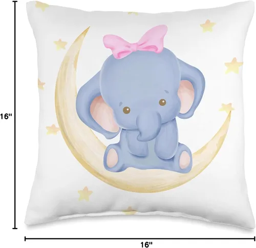 Vista 4 de Almohada decorativa para cuna para recién nacido, niña elefante en la luna con estrellas I decoración de habitación de guardería, 15.7 x 15.7 in