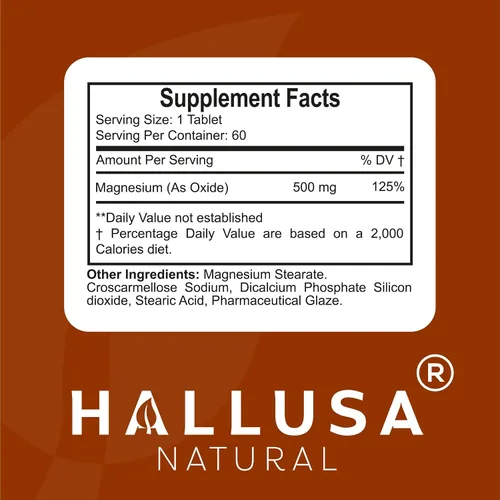 Vista 5 de Hallusa Natural Magnesio para calambres en las piernas, magnesio como óxido 500 mg, 60 cápsulas, suministro de 60 días, relajación muscular, alta