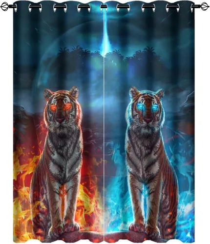 Vista 21 de Cool King of The Forest - Cortinas opacas con diseño de tigre anime, fantasía, animal, fuego, tigre, hielo, con ojales, ahorro de energía, 2