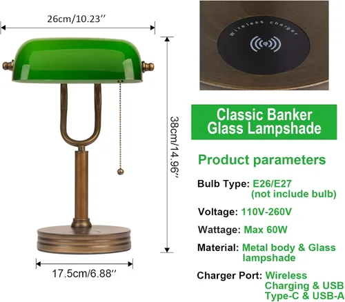 Vista 2 de Lámpara de Banco de Vidrio Verde, Lámpara de Escritorio Retro con Puerto de Carga Inalámbrica USB, Lámpara de Mesa con Cadena Clásica, para Mesita