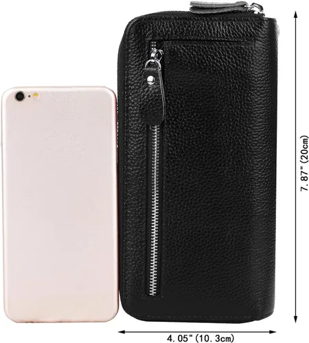 Vista 6 de YALUXE Cartera de cuero con cremallera doble para mujer, cartera para teléfono celular, tarjetero, bloqueo RFID, Negro 2.0