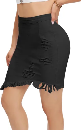 Vista 2 de Faldas de mezclilla sexy para mujer, estilo casual, elástico, irregular, deshilachado, dobladillo sin procesar, faldas de mezclilla