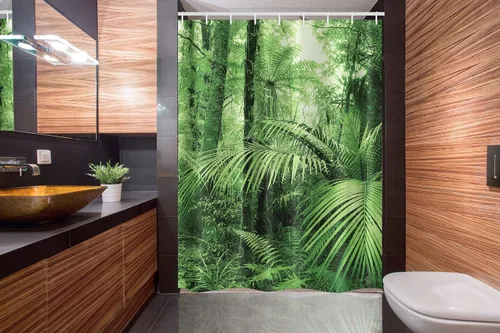 Vista 2 de Ambesonne Cortina de ducha, palmeras y plantas exóticas en selva tropical, ilustración temática de naturaleza salvaje, juego de decoración de baño