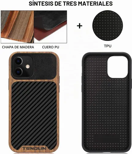 Vista 2 de TENDLIN Compatible con iPhone 12 Mini Funda de Grano de Madera con Textura de Fibra de Carbono Diseño de Cuero Híbrido Funda Negra
