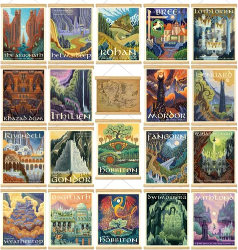 Vista 7 de Meksular Impresiones artísticas de pared de paisaje de la Tierra Media, pintura en lienzo, carteles de fantasía, imágenes de pared, para regalo