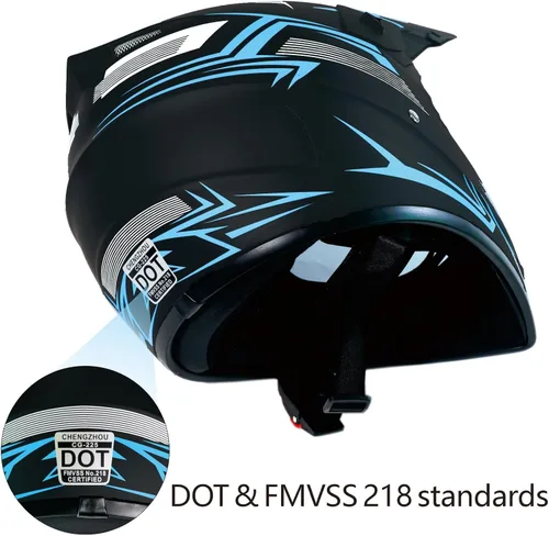 Vista 3 de Casco de motocross ATV motocicleta de cara completa todoterreno E Bike casco DOT con gafas y guantes máscara de rayas azules M (22.0-22.4 in)